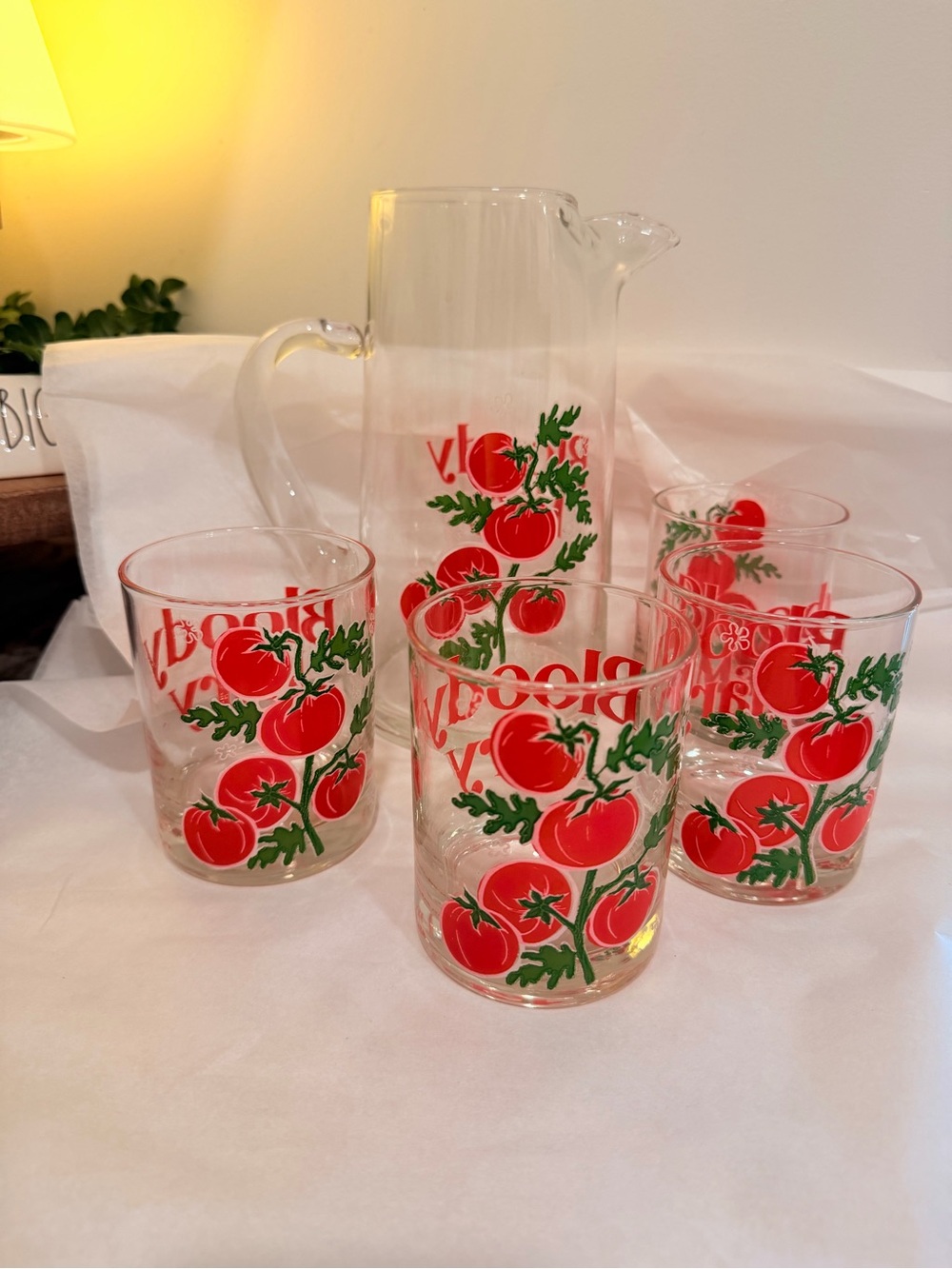4 VTG Bloody Mary Bar Whiskey Lowball Cocktail Glass & Pitcher Culver Ltd RARE